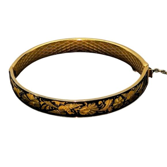 VTG Damascene Hinged Birds Flowers Broken Safety Chain Bangle Bracelet - Picture 1 of 6